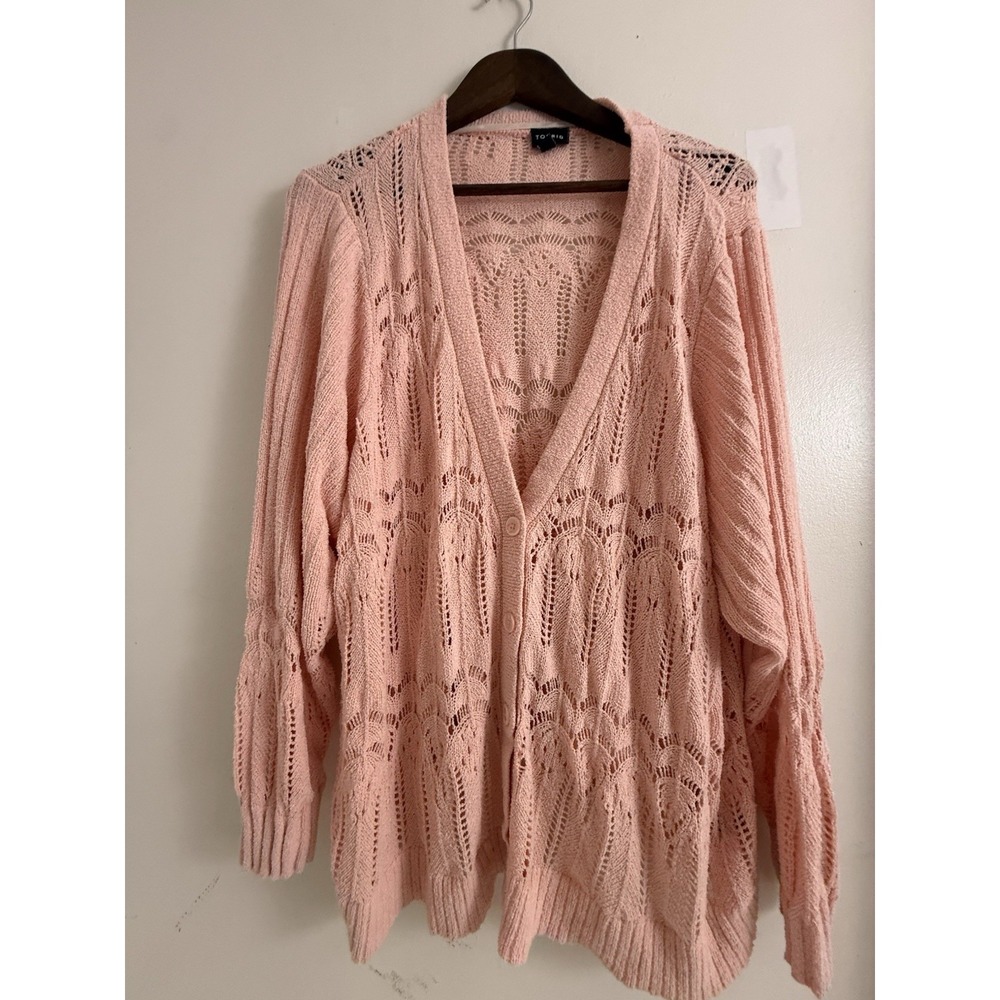 Torrid Size 4 Pink Open Knit Cardigan Sweater Button Front Boho Crochet Cotton
